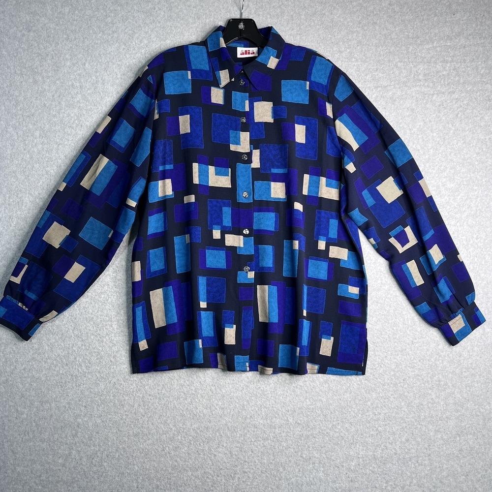 Alia Top Womens 14 Geometric Long Sleeve Button Up Blouse Multicolor